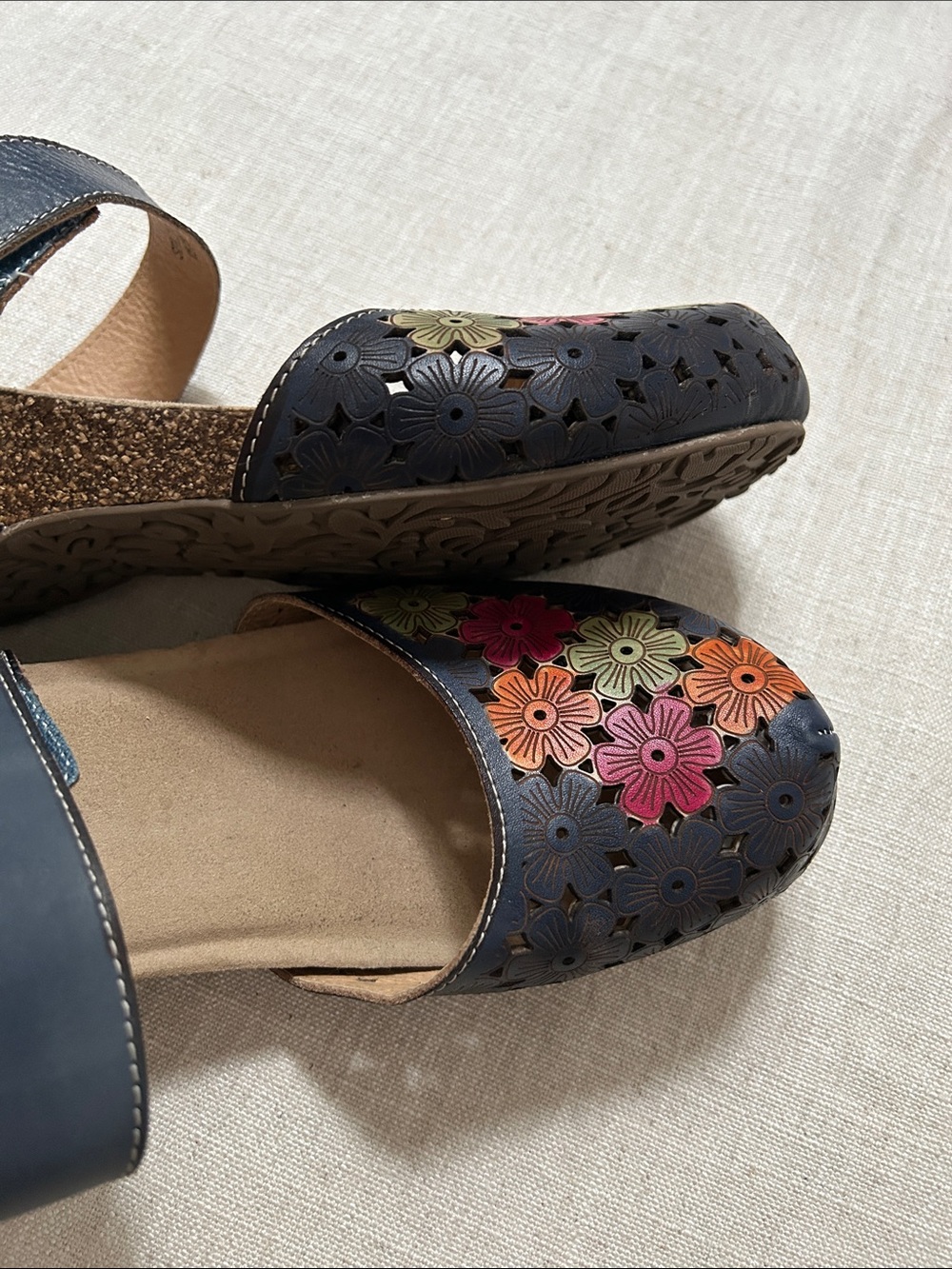 Spring Step L'artiste Spikey Floral Sandal Navy SZ 42 Leather Comfort Mary Jane - Picture 5 of 15